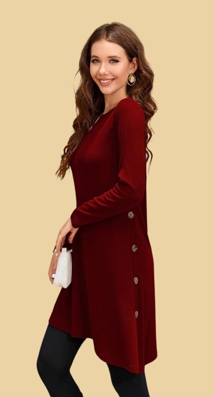 KORSIS Tunic Dress, Button Side, Asymmetrical Hem in “Wine”, NWT| Size: M